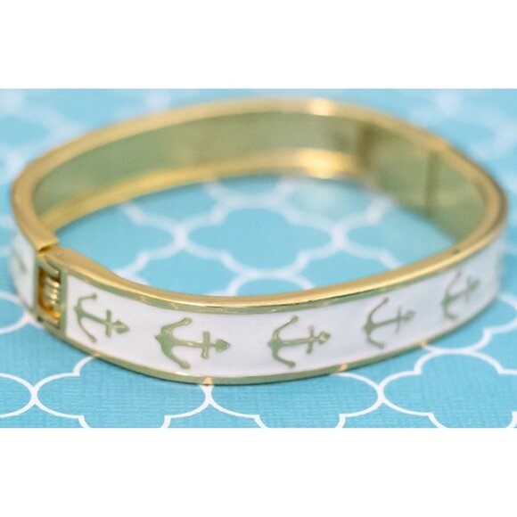 7 inch, Vintage Anchor Symbol White Band Gold Tone Hinge Bangle - R36 - Picture 2 of 3